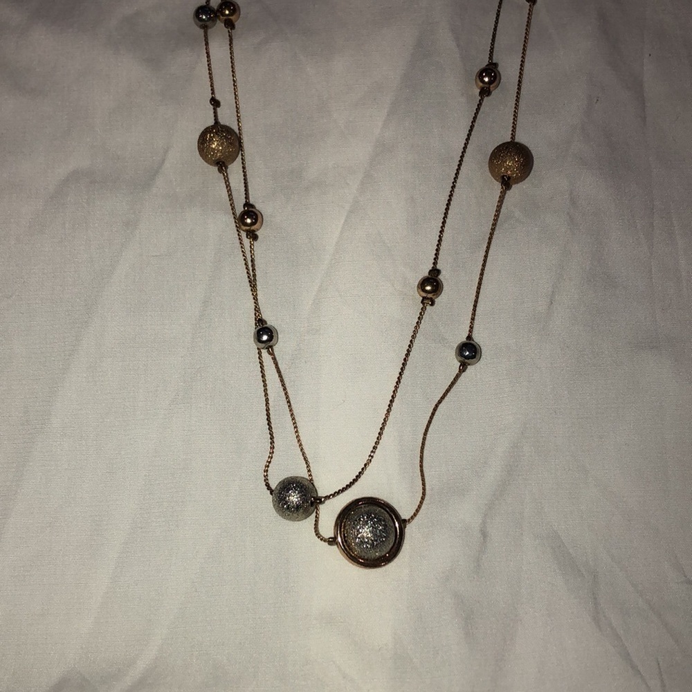 Necklace 19” long gold tone necklace with shiny glittery silver & bronze balls